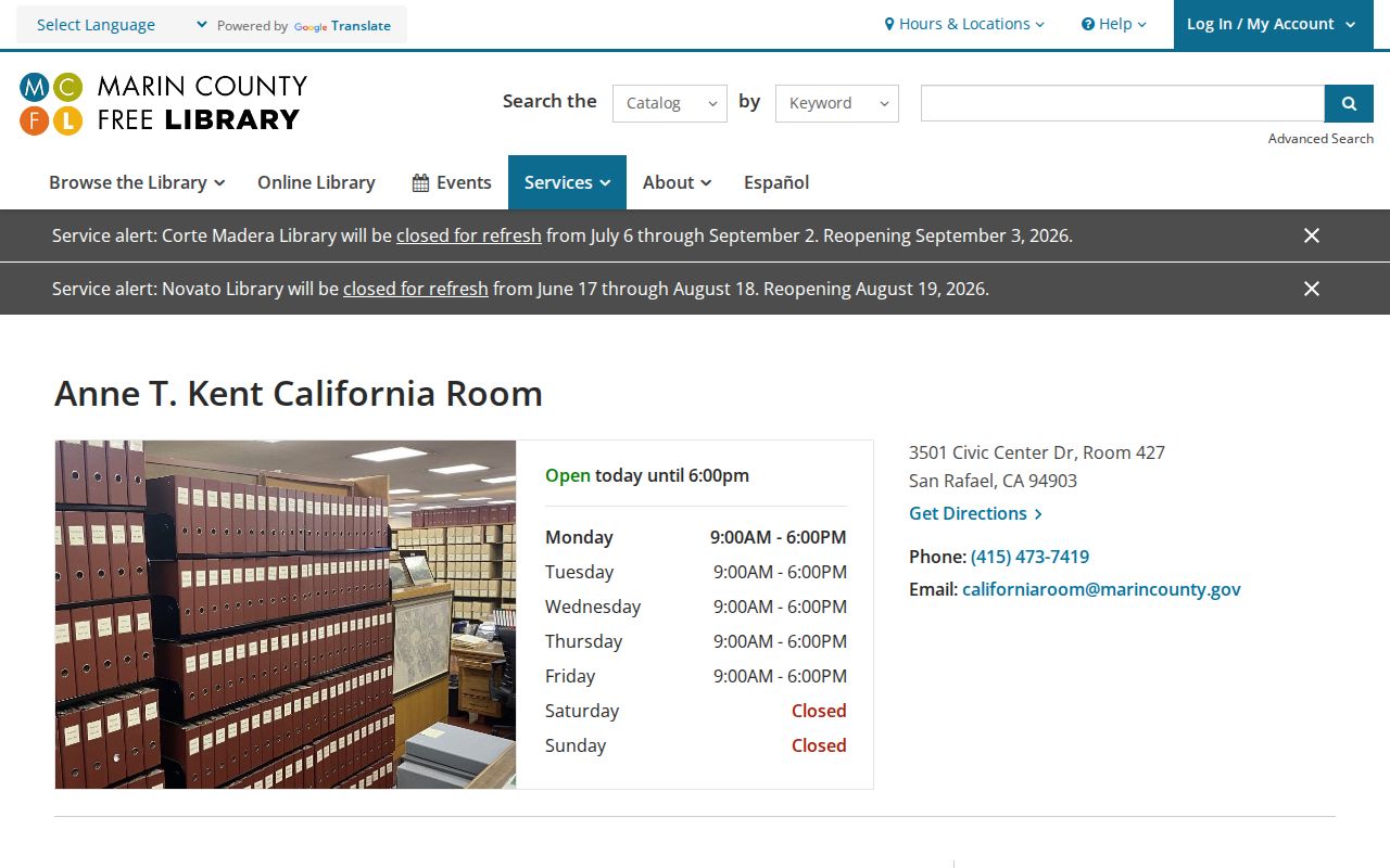 San Rafael residents directory Kent California Room research services