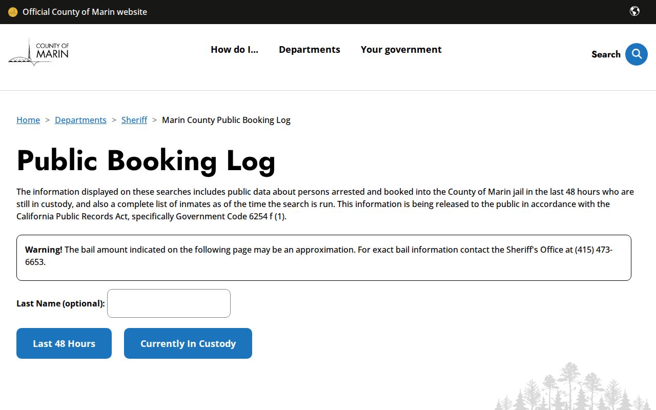 San Rafael resident lookup Marin County booking log