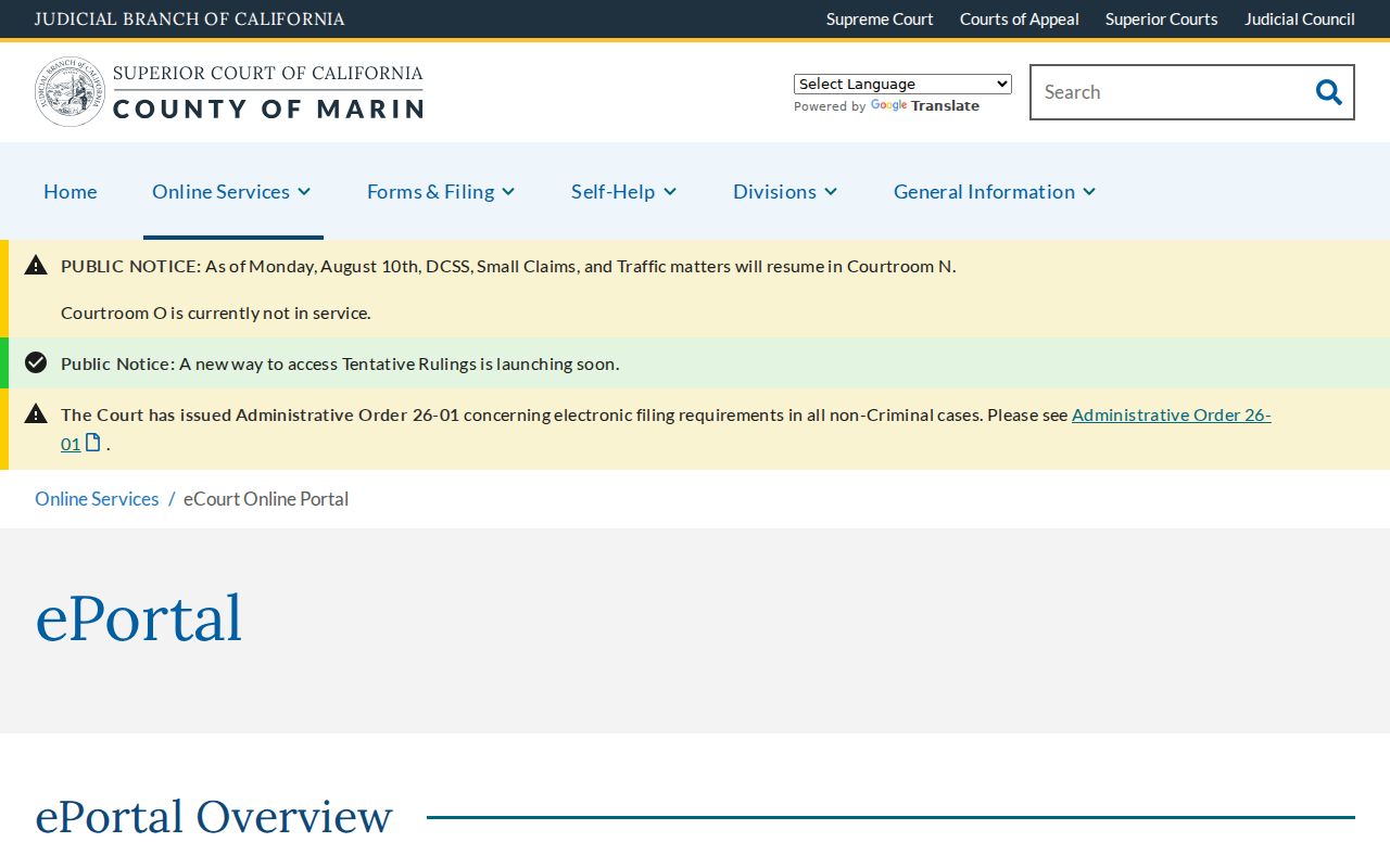 San Rafael resident lookup Marin Superior Court eCourt portal